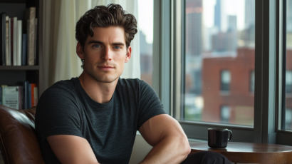 Young professional in a Manhattan apartment looking directly at the camera with a calm self-aware expression, reflecting the high-achieving individuals who explore cognitive behavioral therapy in New York