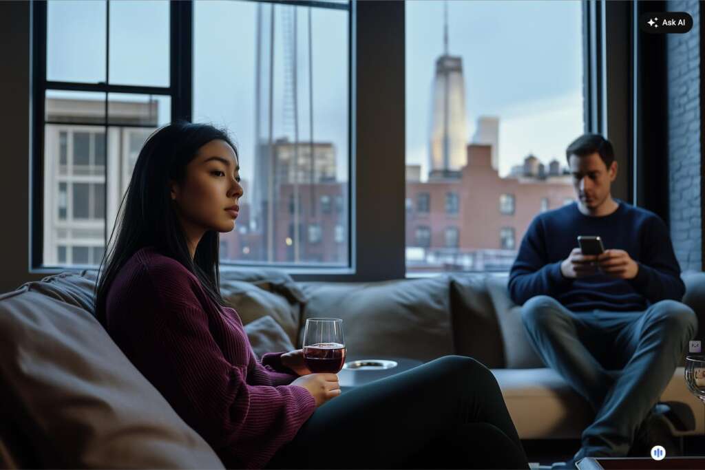 Asian woman sitting apart from partner on couch in NYC apartment at dusk, reflecting emotional distance and the pursue-withdraw cycle in relationships
