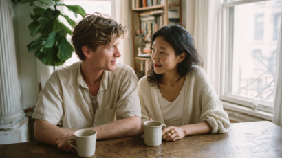 NYC couple sharing a quiet morning conversation in their Brooklyn brownstone kitchen, illustrating emotional safety in relationships
