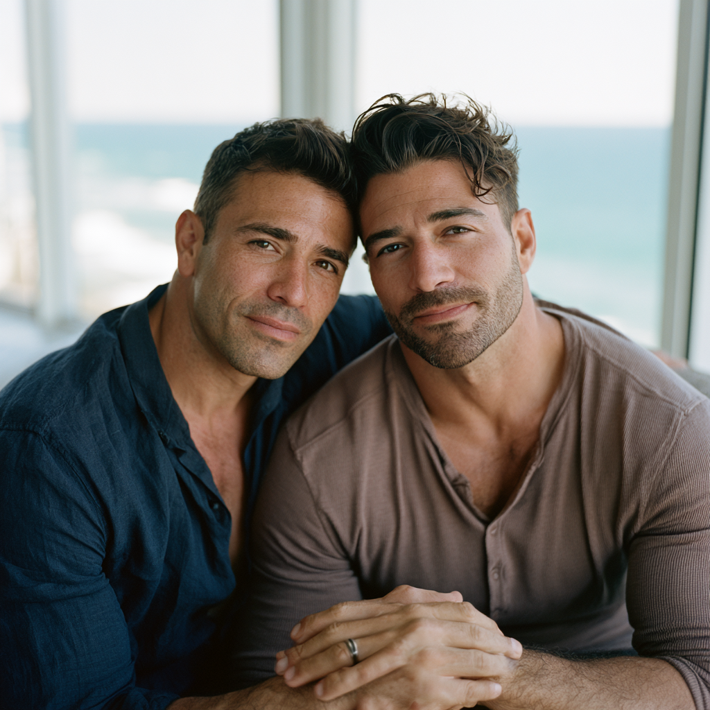Married gay male couple in their mid 30s sitting close together looking calm and connected, representing same sex couples therapy at South Florida Marriage Therapy in Fort Lauderdale