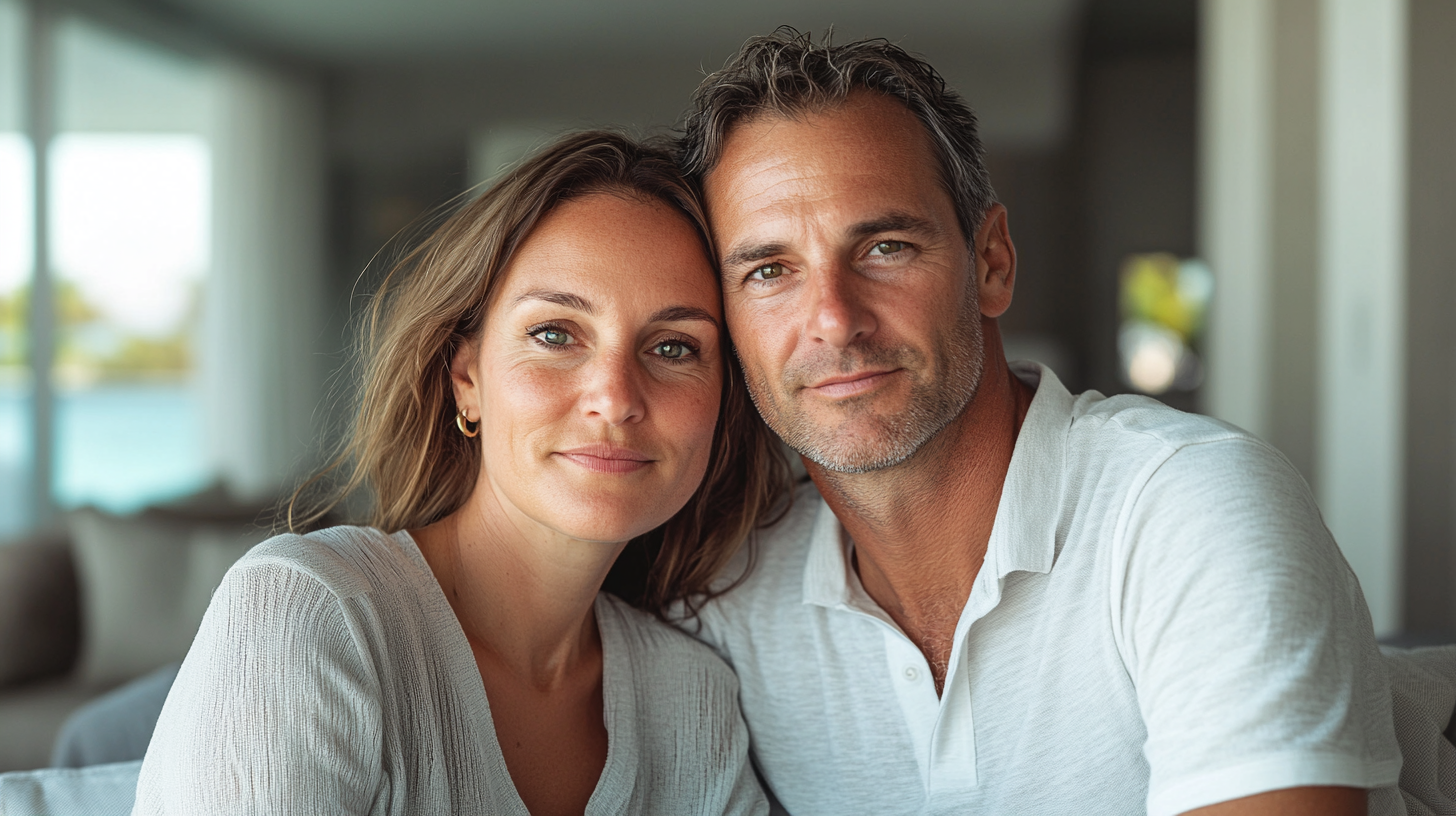 Married couple in their mid 30s seated together in a quiet reflective moment, representing couples therapy clients at South Florida Marriage Therapy in Fort Lauderdale