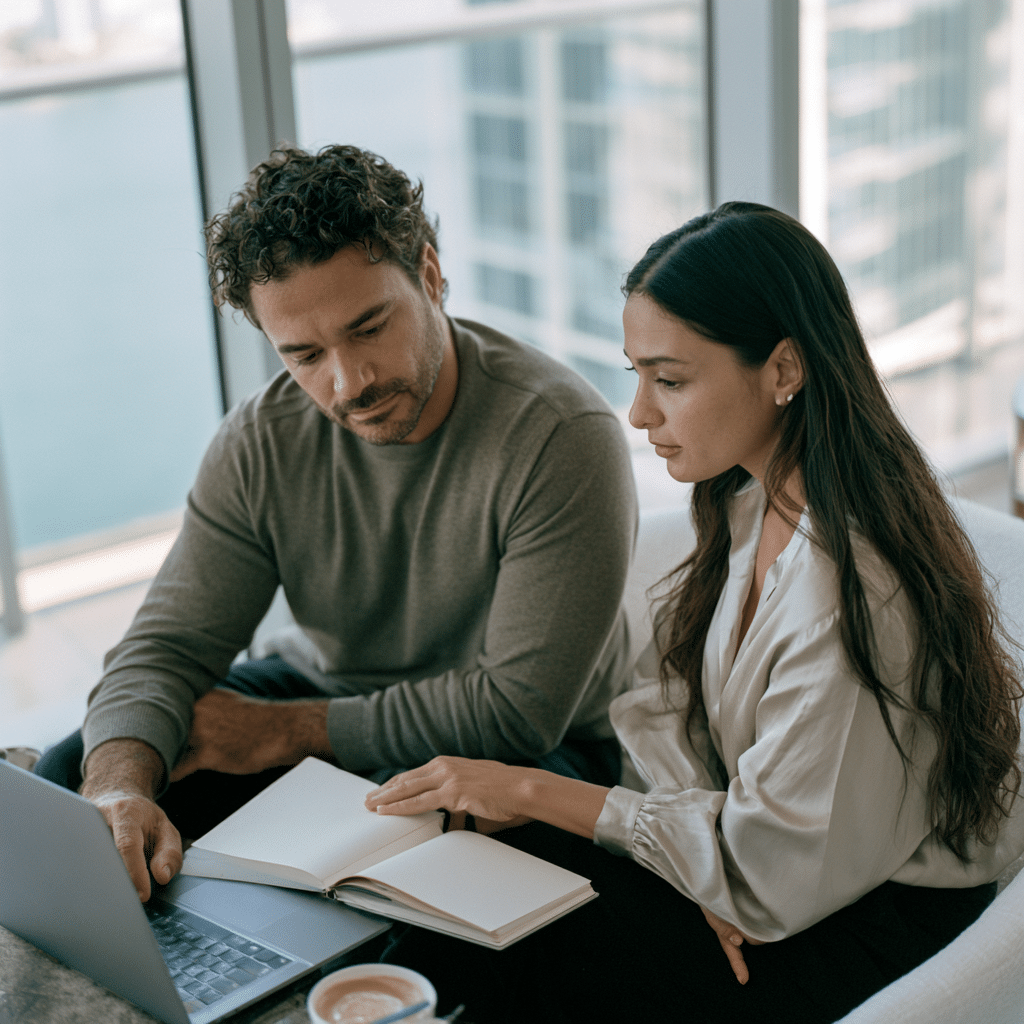 Professional Hispanic couple participating in online affair recovery therapy from their Brickell home.