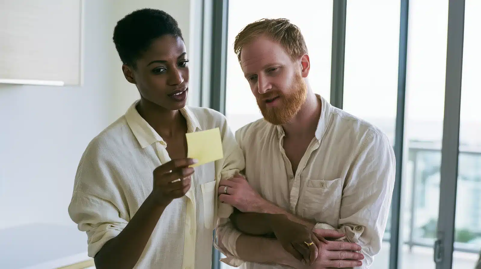 Married couple in their Fort Lauderdale kitchen looking at a sticky note reminder together, a small moment behind many ADHD relationship conflicts