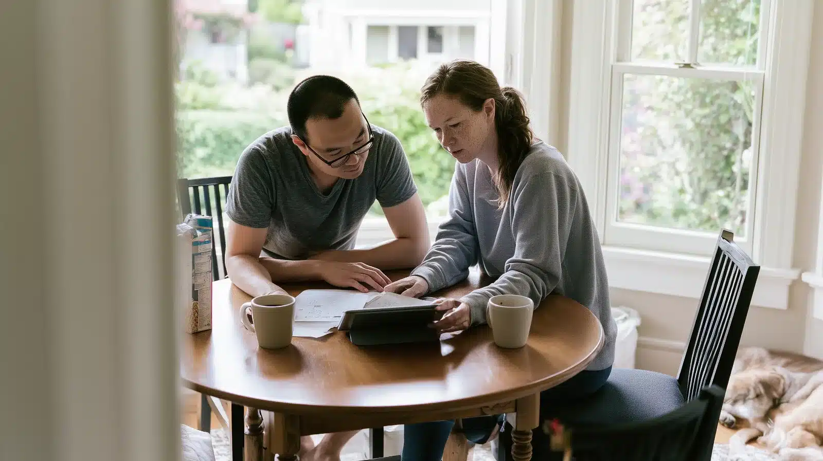 Couple holding a Sunday planning meeting over a shared tablet calendar at home in Victoria Park, a practical tool in ADHD couples therapy