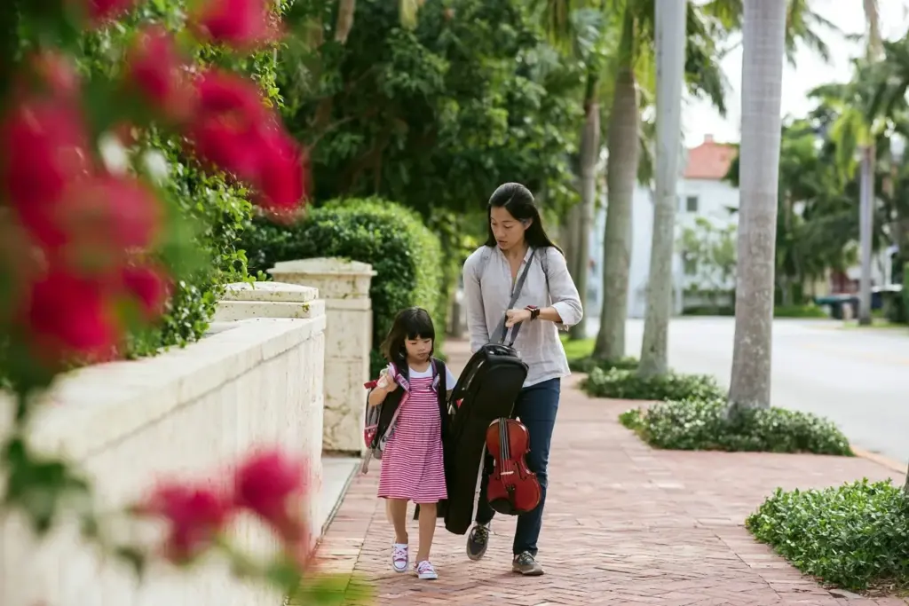 An Asian American mother walking with her young daughter along a palm-shaded Coral Gables sidewalk after school