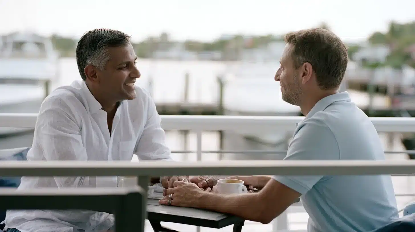 Couple sitting together on an Intracoastal-facing terrace at dusk in Fort Lauderdale, his hand on her back