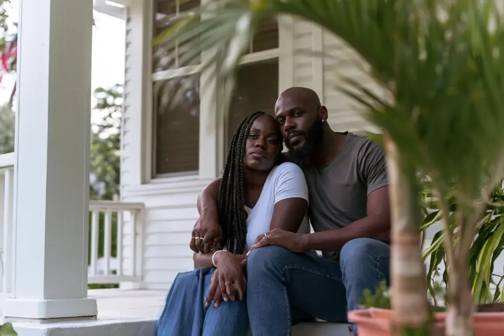 A Black couple sitting close together on the front steps of a quiet Fort Lauderdale bungalow