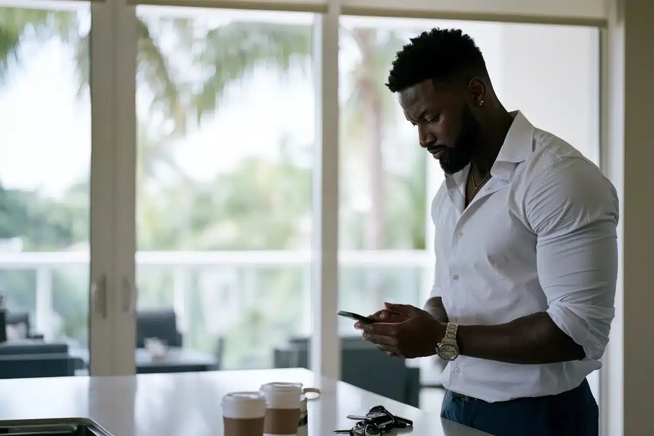 A Black professional man standing at his kitchen counter in a South Florida apartment, reading something on his phone