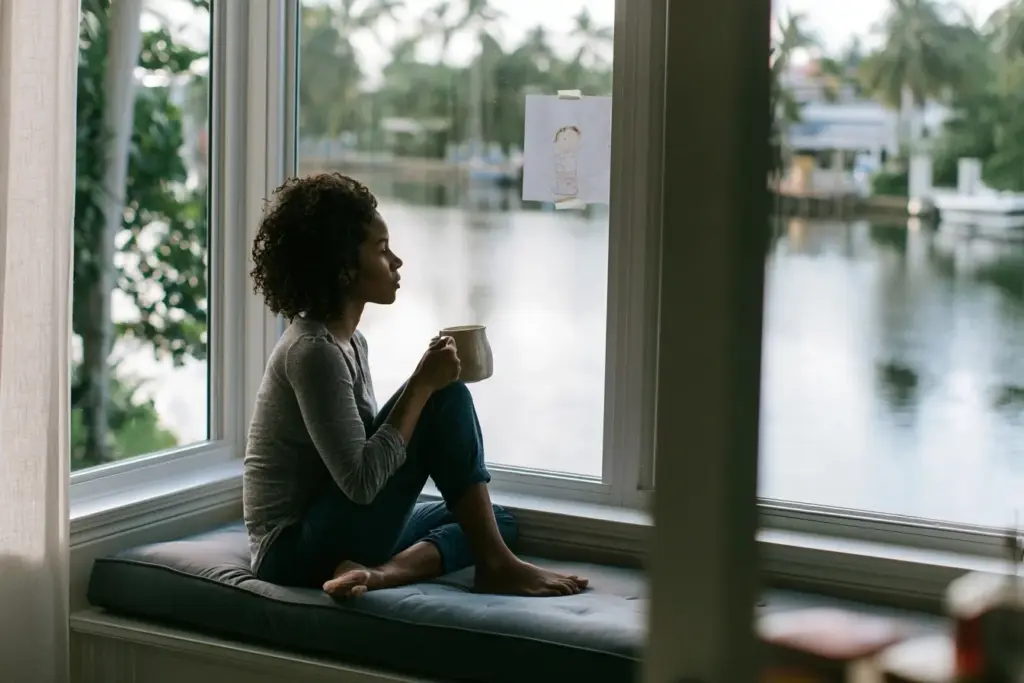A Black woman in her thirties sitting thoughtfully on a window seat overlooking the Intracoastal in Fort Lauderdale