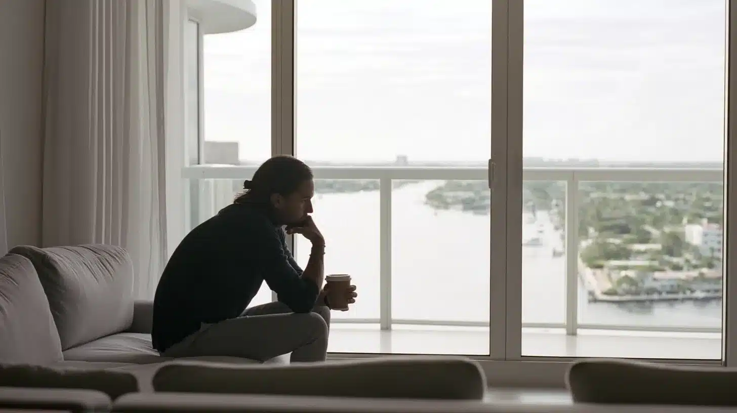 A contemplative man sitting alone in a Fort Lauderdale high-rise condo with morning light off the Intracoastal
