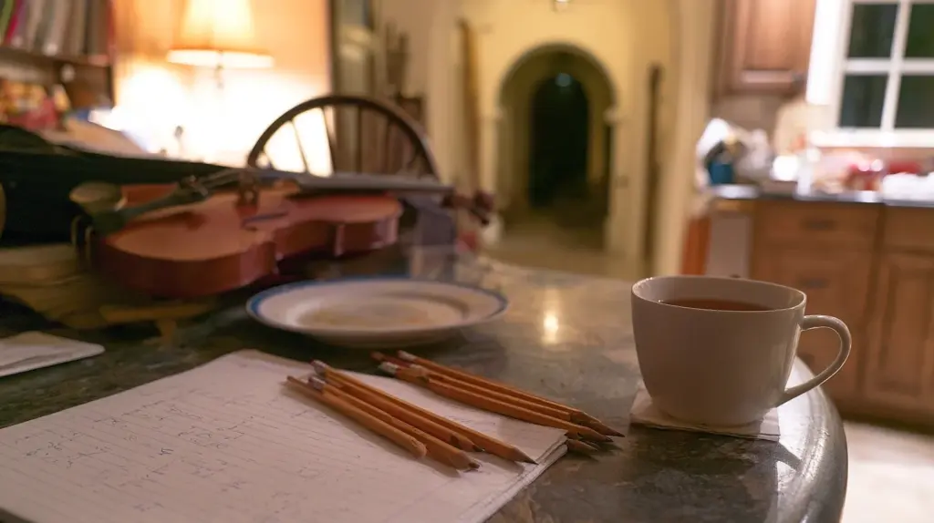 Quiet Coral Gables kitchen counter at night with a child's homework, pencils, and a half-finished dinner plate