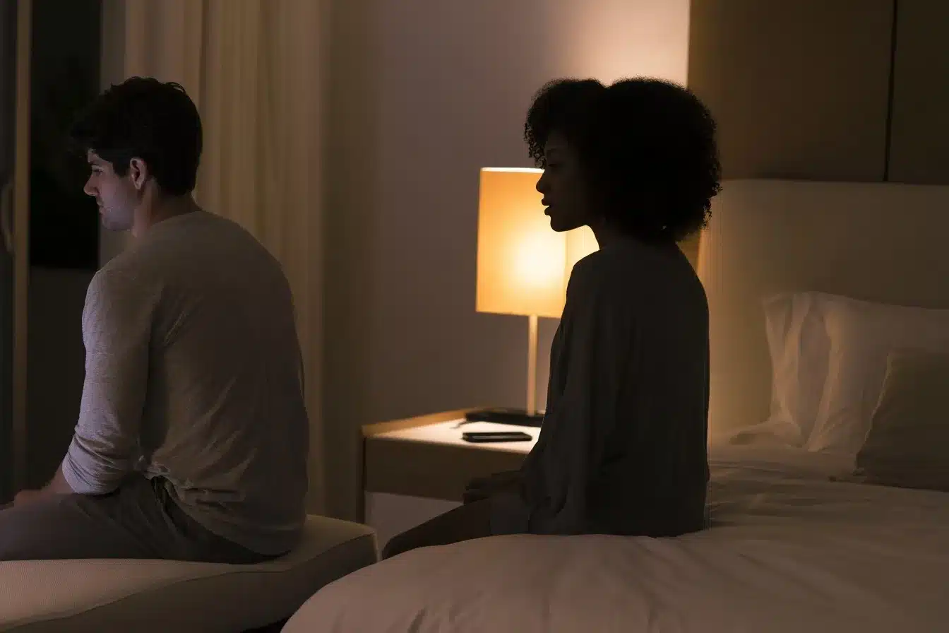 A couple sitting on opposite edges of the bed in a modern Boca Raton bedroom at night