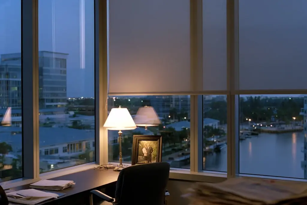 An empty corner office on a high floor of a downtown Fort Lauderdale building at dusk overlooking the New River