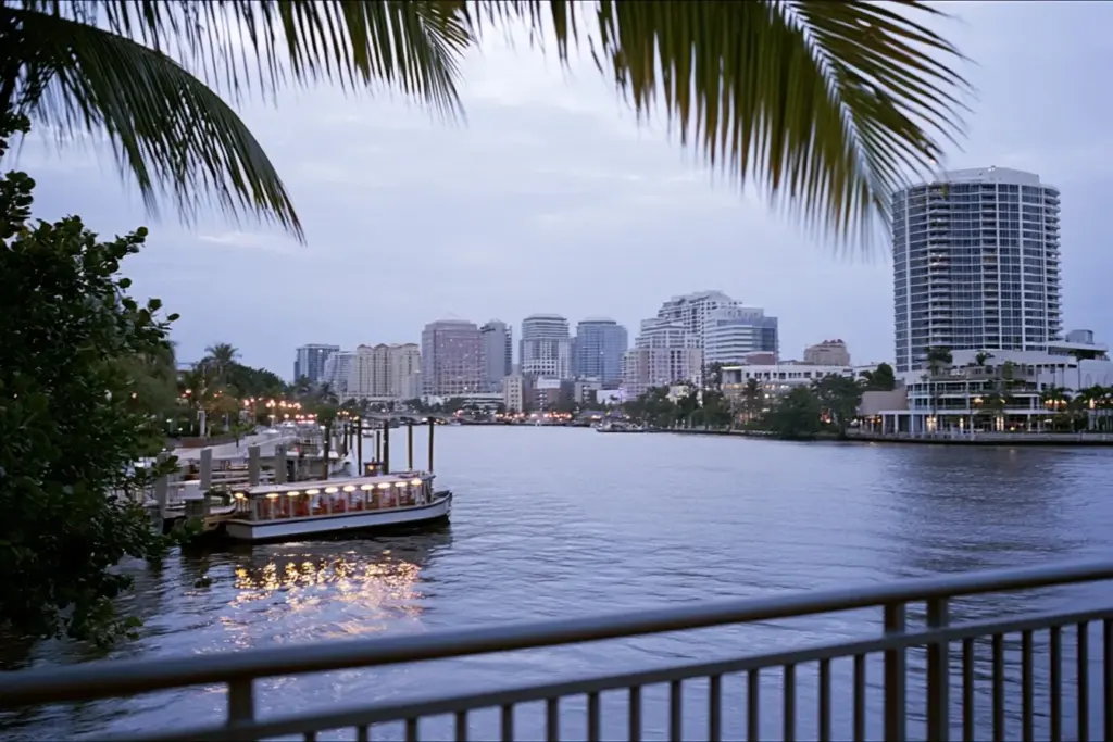 The downtown Fort Lauderdale skyline over the New River at dusk, seen from the Riverwalk