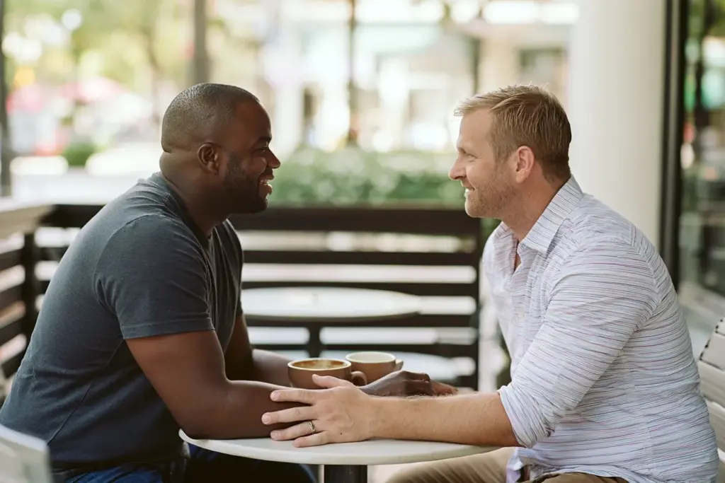 A male couple sharing coffee and conversation at an outdoor cafe table on Las Olas Boulevard in Fort Lauderdale