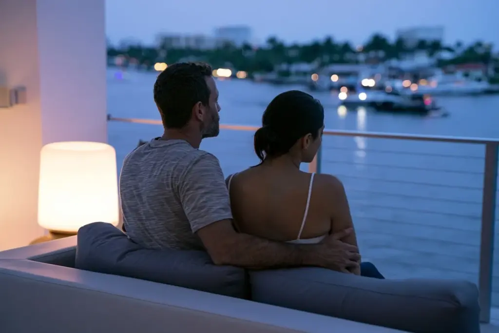 An interracial couple sitting together in a Fort Lauderdale condo having a reflective conversation