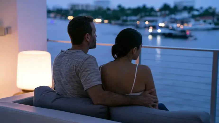 An interracial couple sitting together in a Fort Lauderdale condo having a reflective conversation