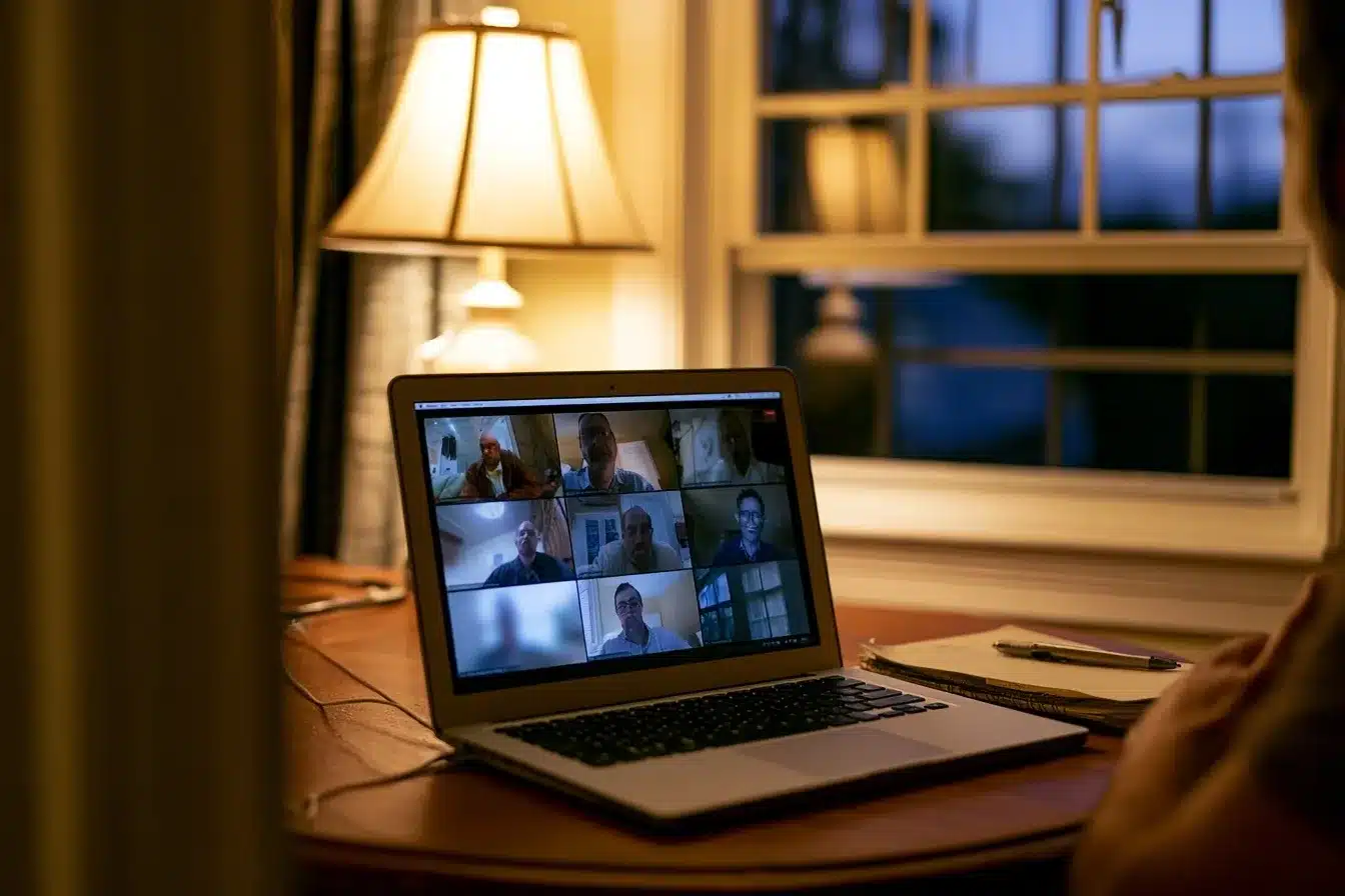 A laptop on a desk showing an online men's group video call in a coastal South Florida home in the evening
