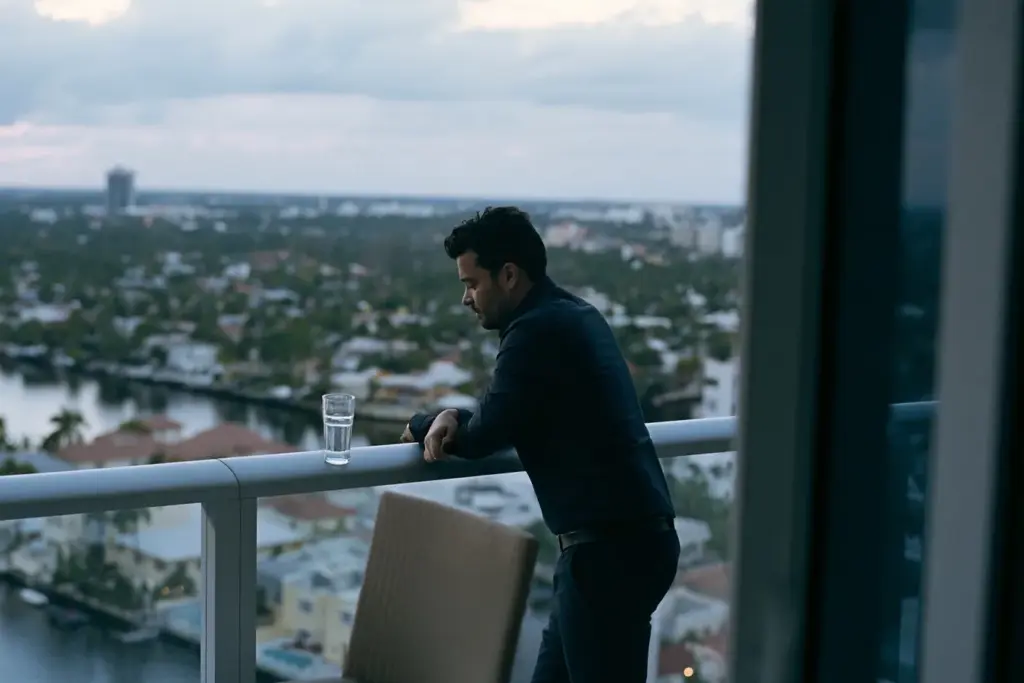 A distinguished man on a downtown Fort Lauderdale high-rise balcony at dusk overlooking the New River