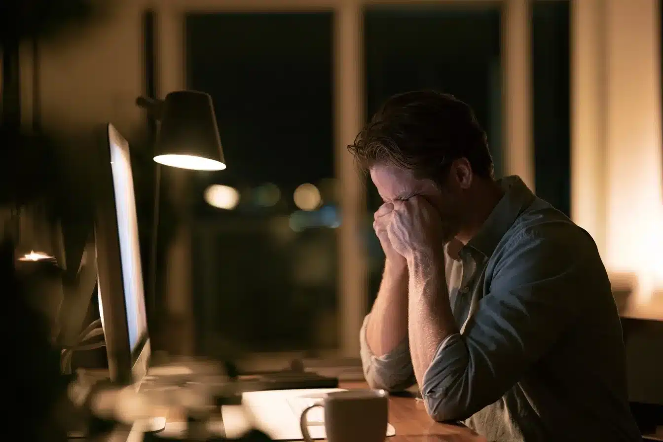 A professional man working late in a minimalist home office in a Las Olas condo
