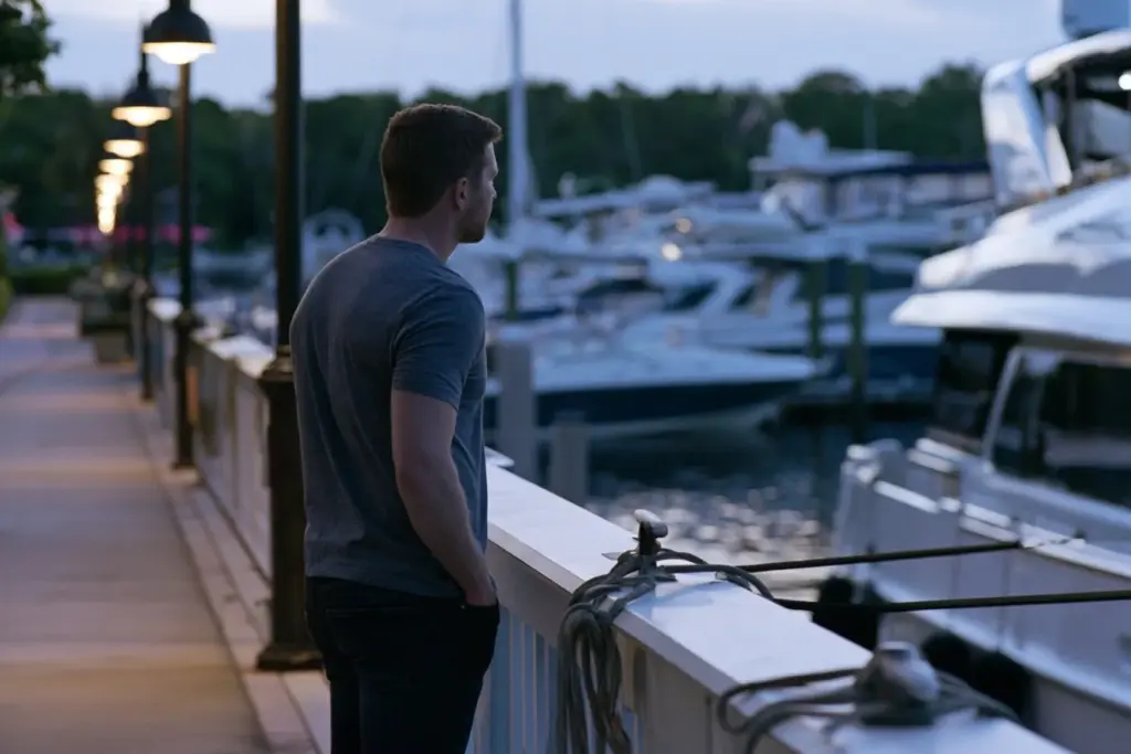A man standing on a quiet marina walkway in Fort Lauderdale at dusk, looking out at the boats