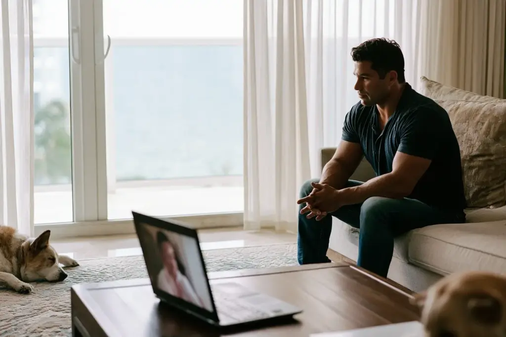 A man in an online therapy session on a laptop in his coastal South Florida home