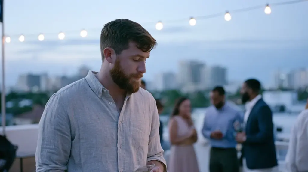 A man standing slightly apart at a rooftop gathering in Las Olas, Fort Lauderdale at dusk