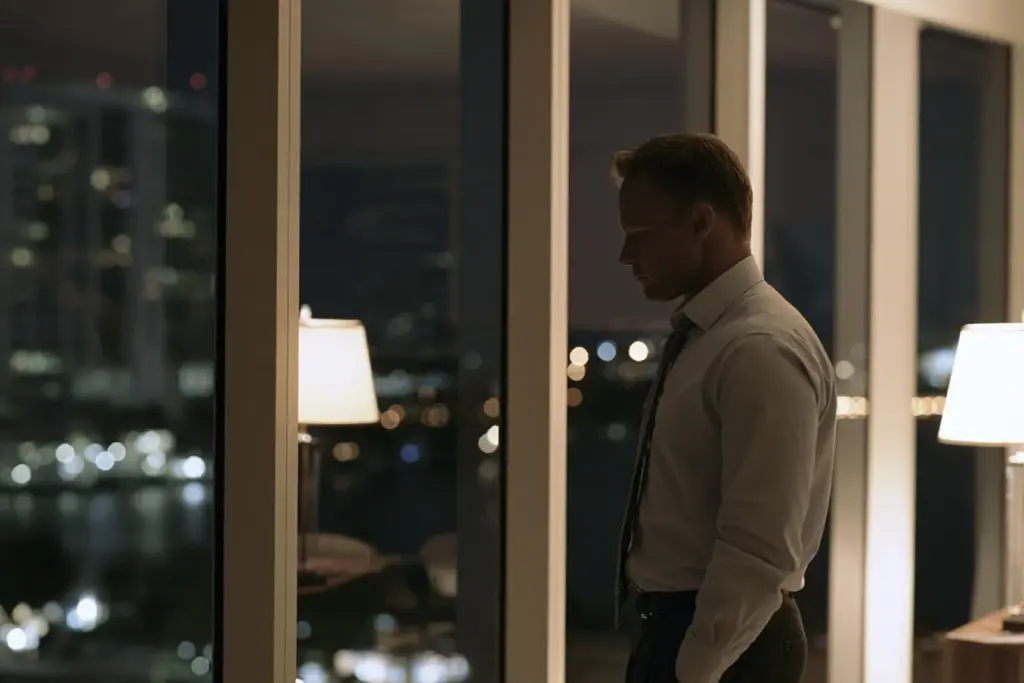 A professional man standing by a window in a Fort Lauderdale high-rise at night, looking at the city lights
