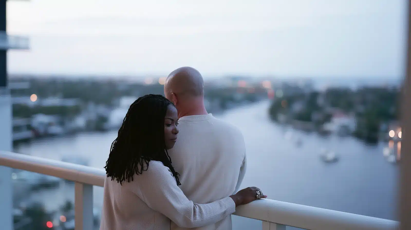 Married couple reconnecting quietly on a Fort Lauderdale balcony at dusk, the kind of closeness neurodiverse couples therapy works toward