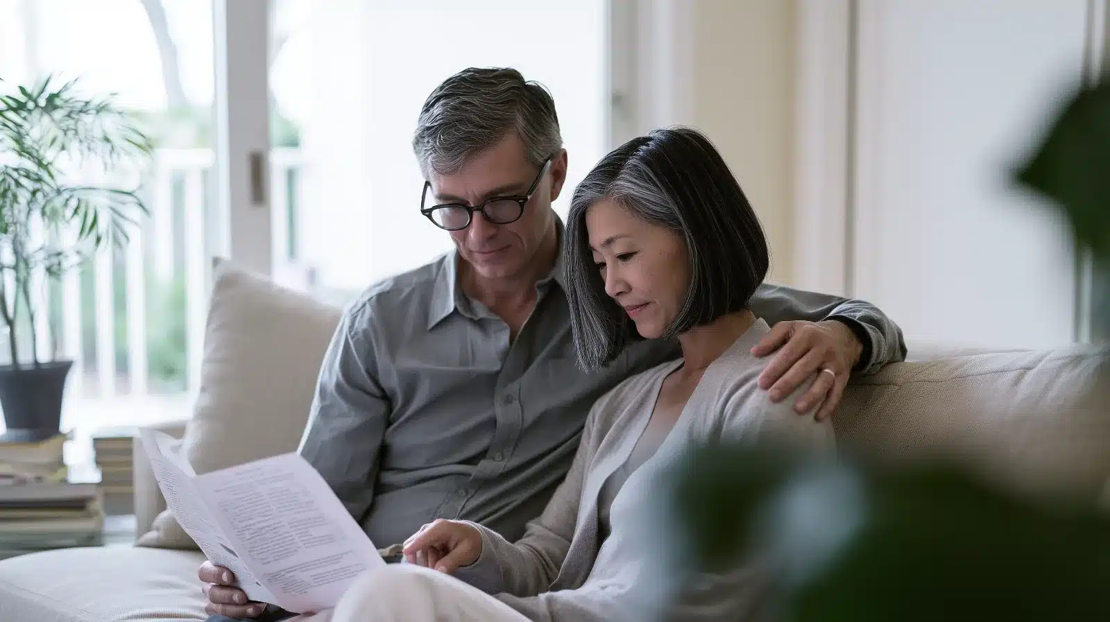 Couple in their fifties on a sofa in Boca Raton reading a written agreement together, a tool in neurodiverse couples therapy