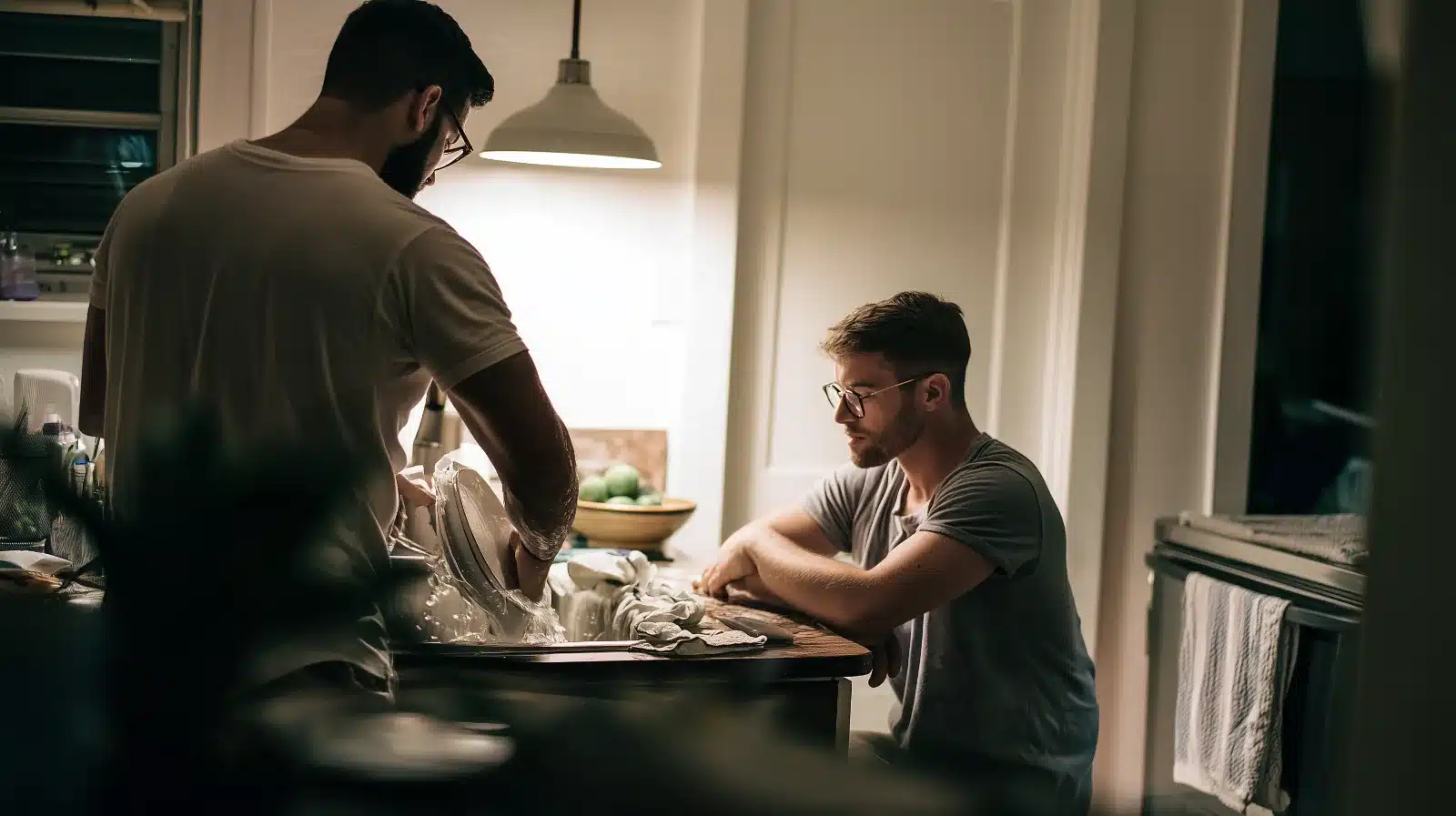 Married gay couple in their Wilton Manors kitchen at night, one partner needing space and the other waiting to talk, a common moment in a neurodiverse relationship