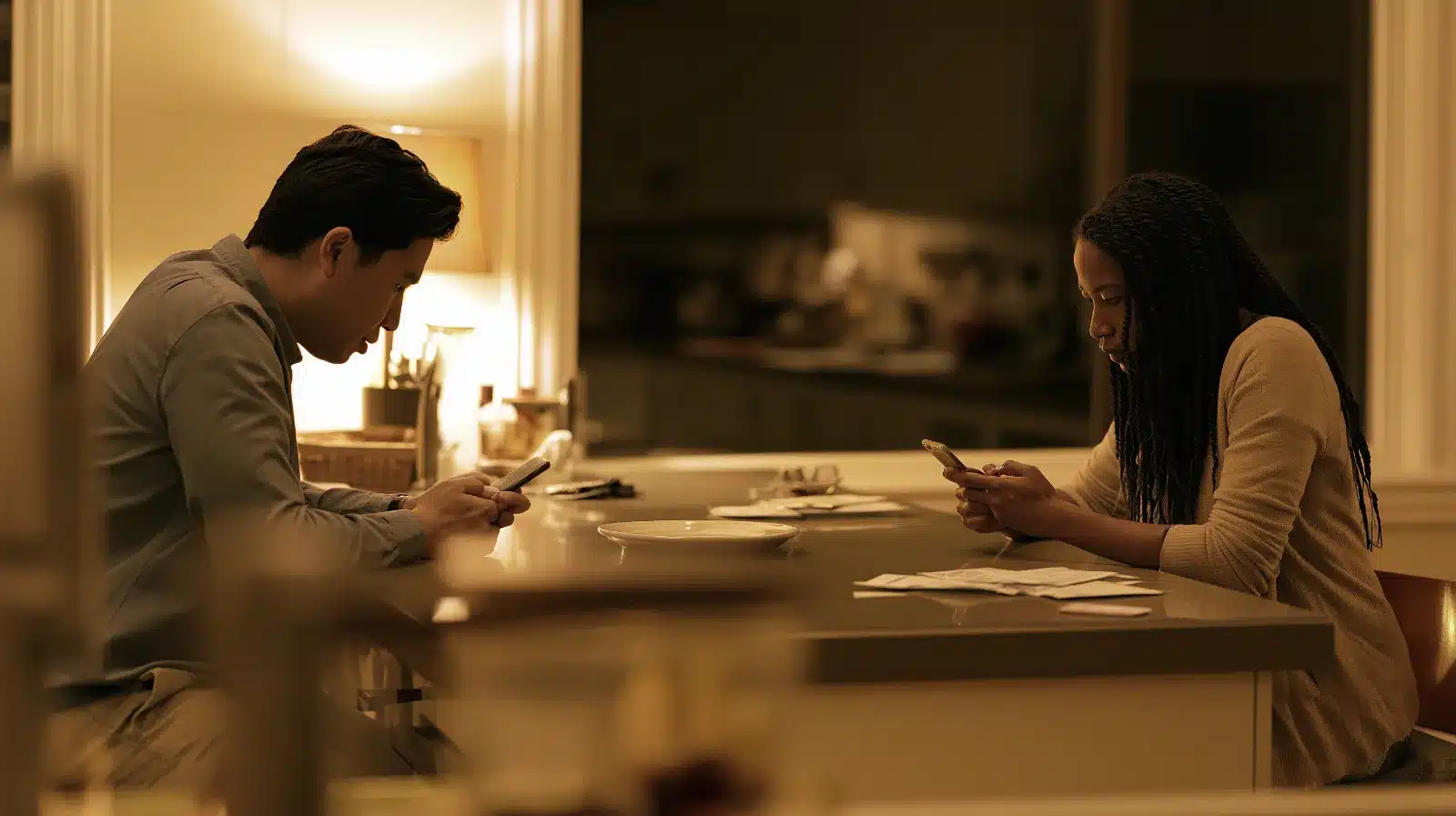Couple sitting at opposite ends of a kitchen island at night, each burdened and alone despite sharing the same home, a pattern in OCPD relationships
