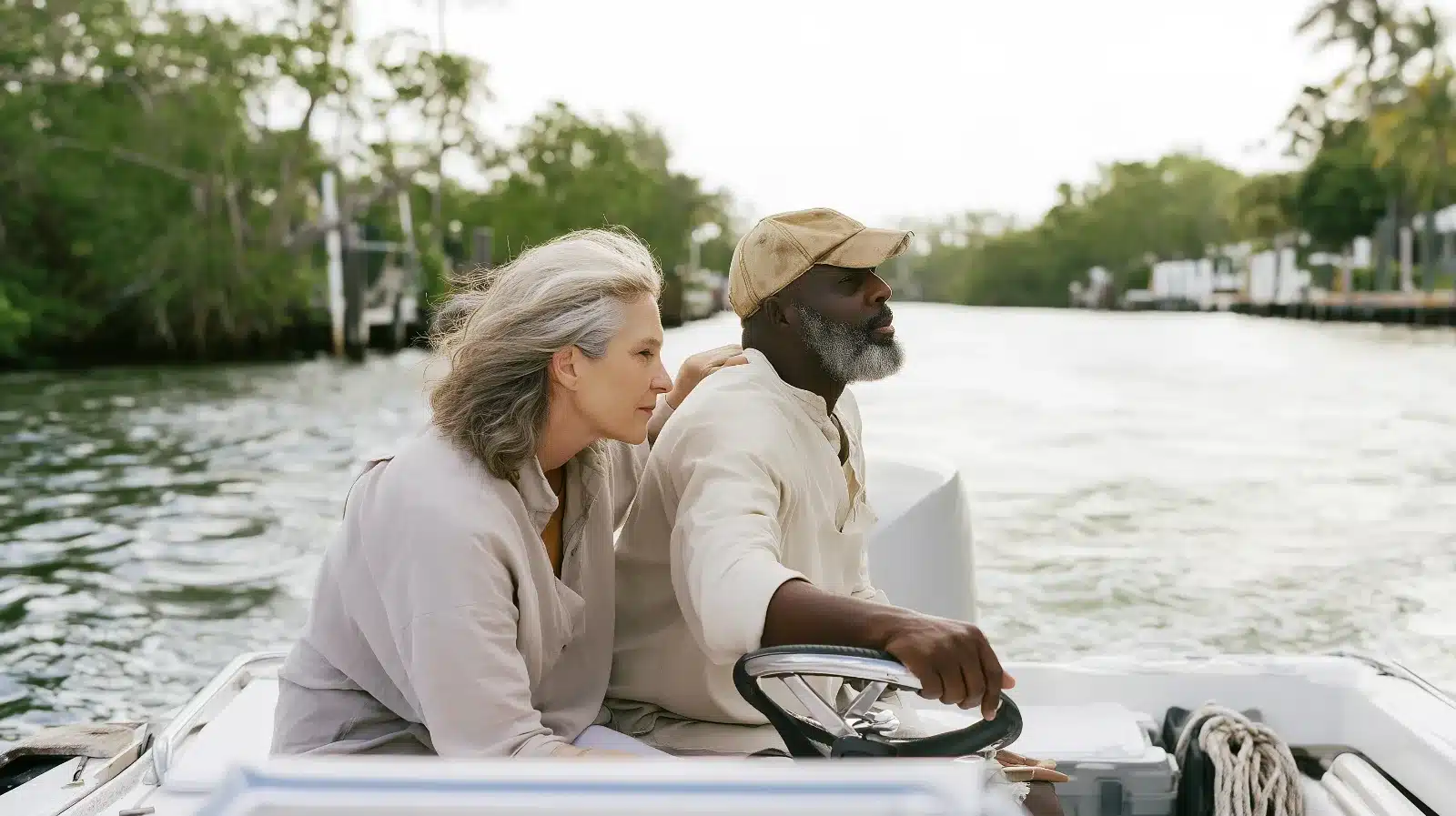 Older couple relaxing on a boat idling on the Intracoastal with no fixed destination, representing the flexibility OCPD relationship therapy works toward