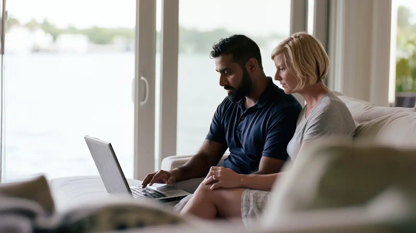 Couple joining an online ADHD couples therapy session together from their Fort Lauderdale living room overlooking the water