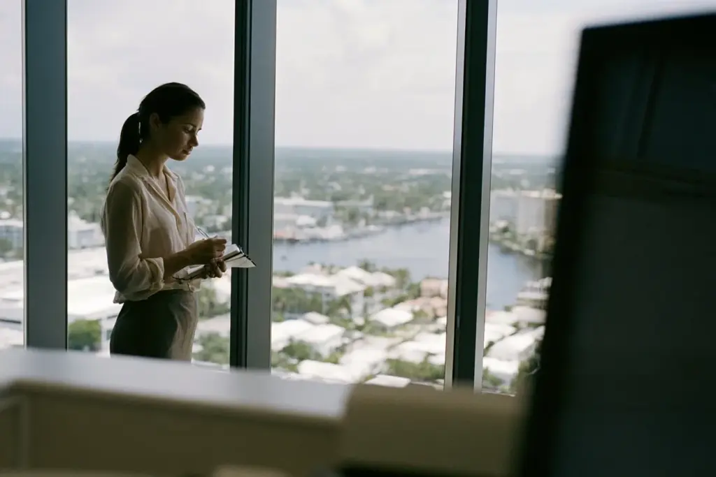 A professional pausing near an office window in a downtown Fort Lauderdale high-rise with a notebook