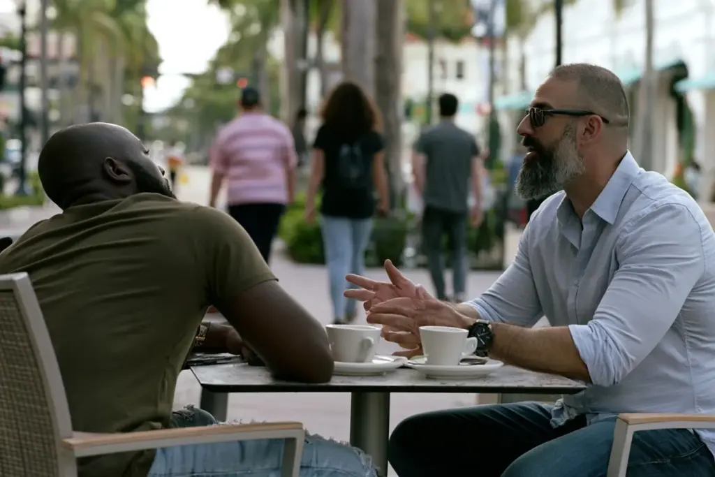 Two men talking over coffee at a small outdoor café table on Las Olas Boulevard