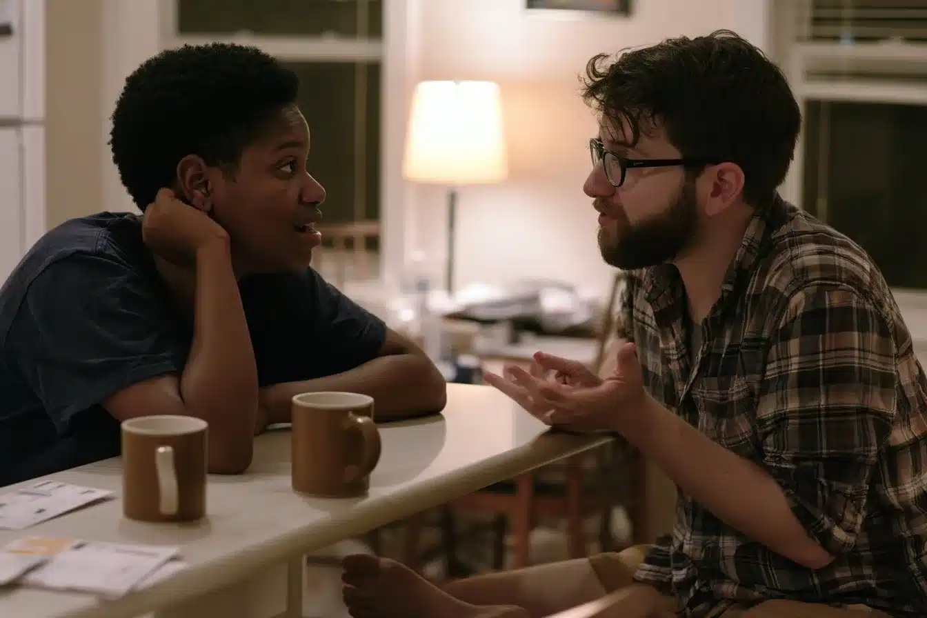 Couple talking at a kitchen island in a Victoria Park bungalow in Fort Lauderdale, knees touching, evening lamp light