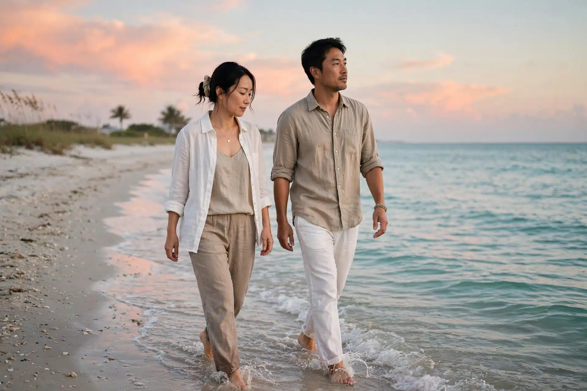 Asian couple walking on a South Florida beach in soft morning light