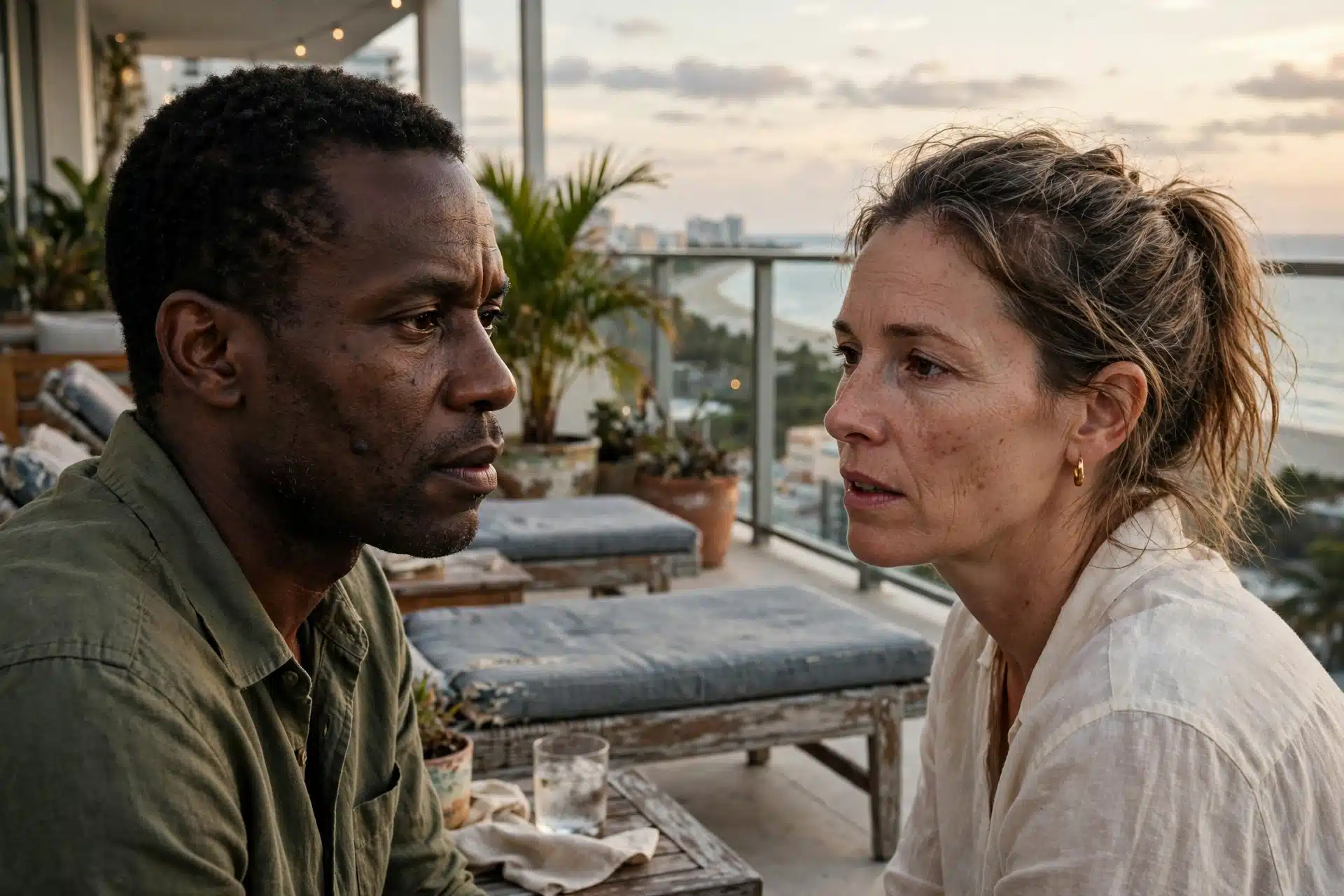 Interracial couple on a luxury Miami Beach hotel terrace at sunset