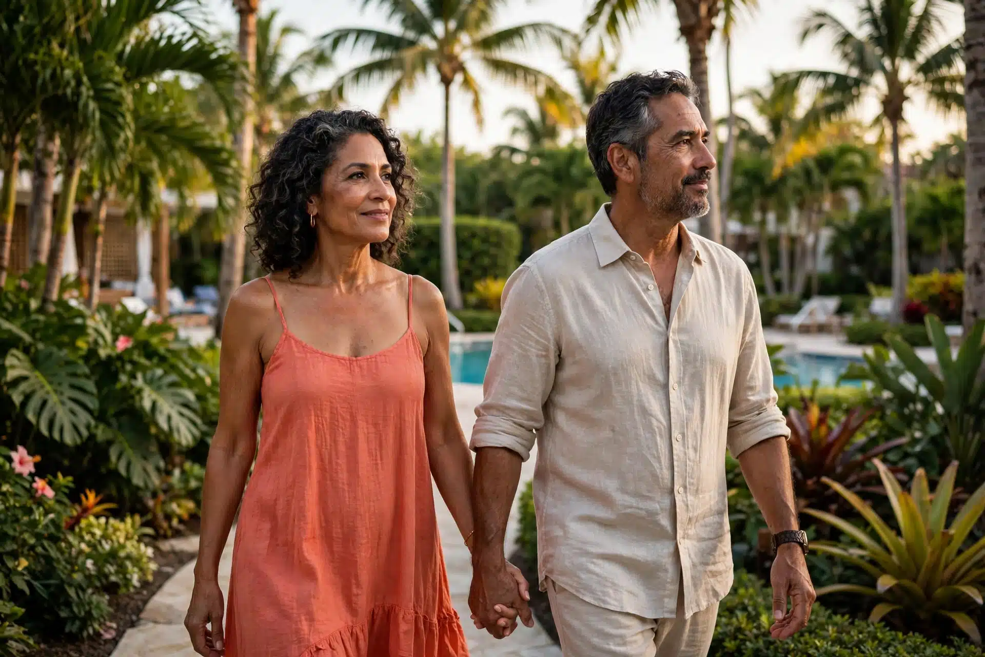 Latino couple walking hand in hand through a tropical South Florida resort garden