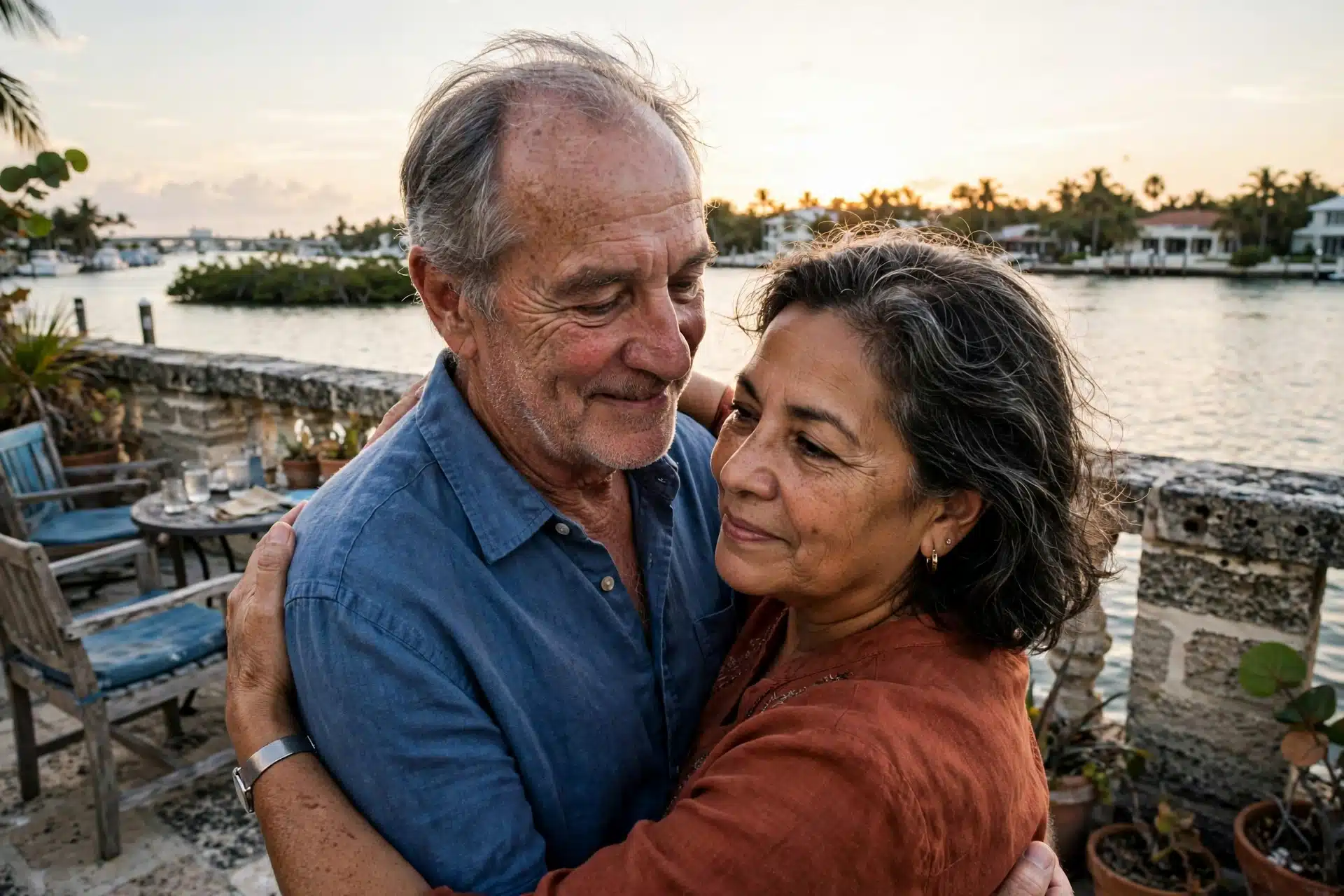 Older couple dancing on a Palm Beach waterfront terrace at sunset