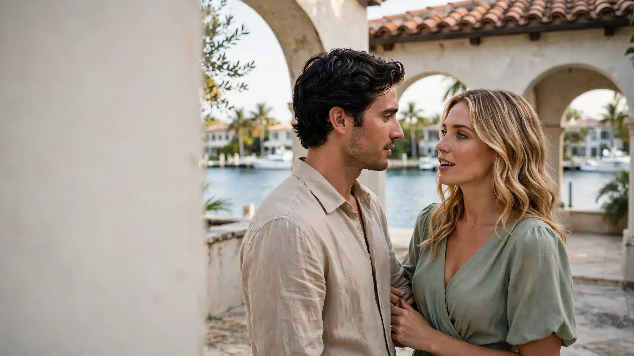 Affluent couple in their early thirties having an attentive conversation on a private Palm Beach waterfront terrace