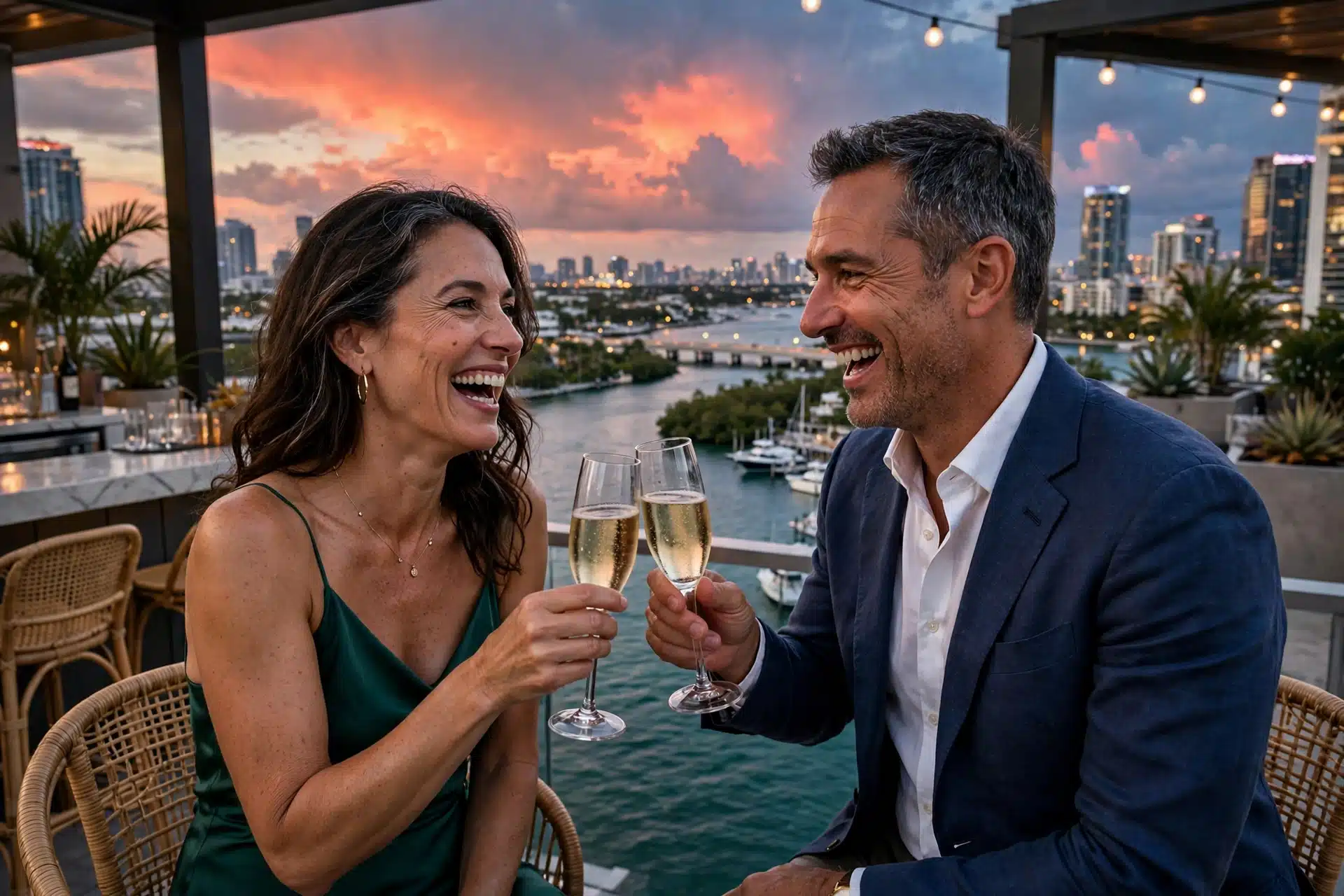 Couple toasting with champagne on a Fort Lauderdale rooftop bar at dusk