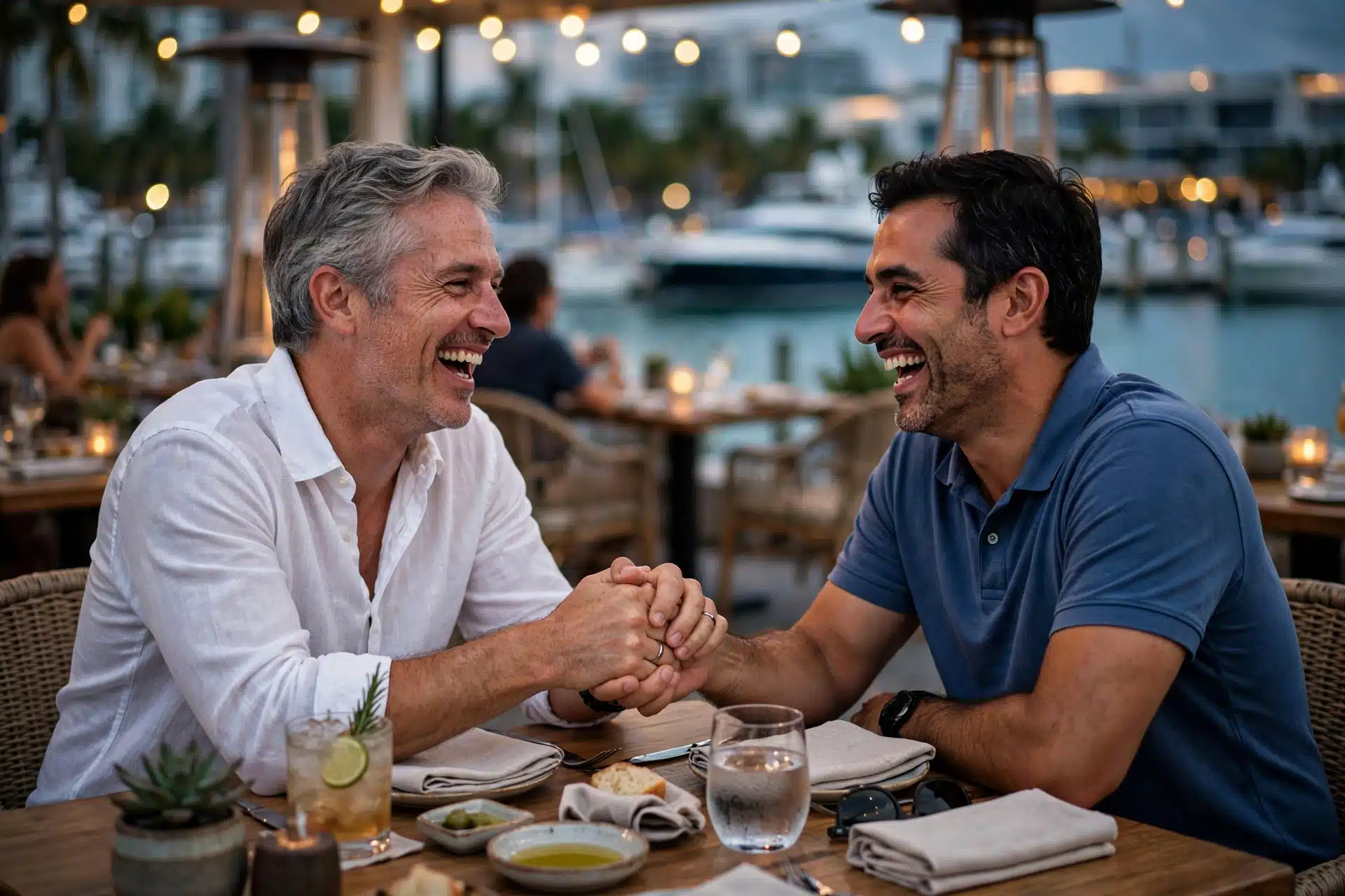 Gay couple laughing together at a waterfront restaurant in Fort Lauderdale at dusk