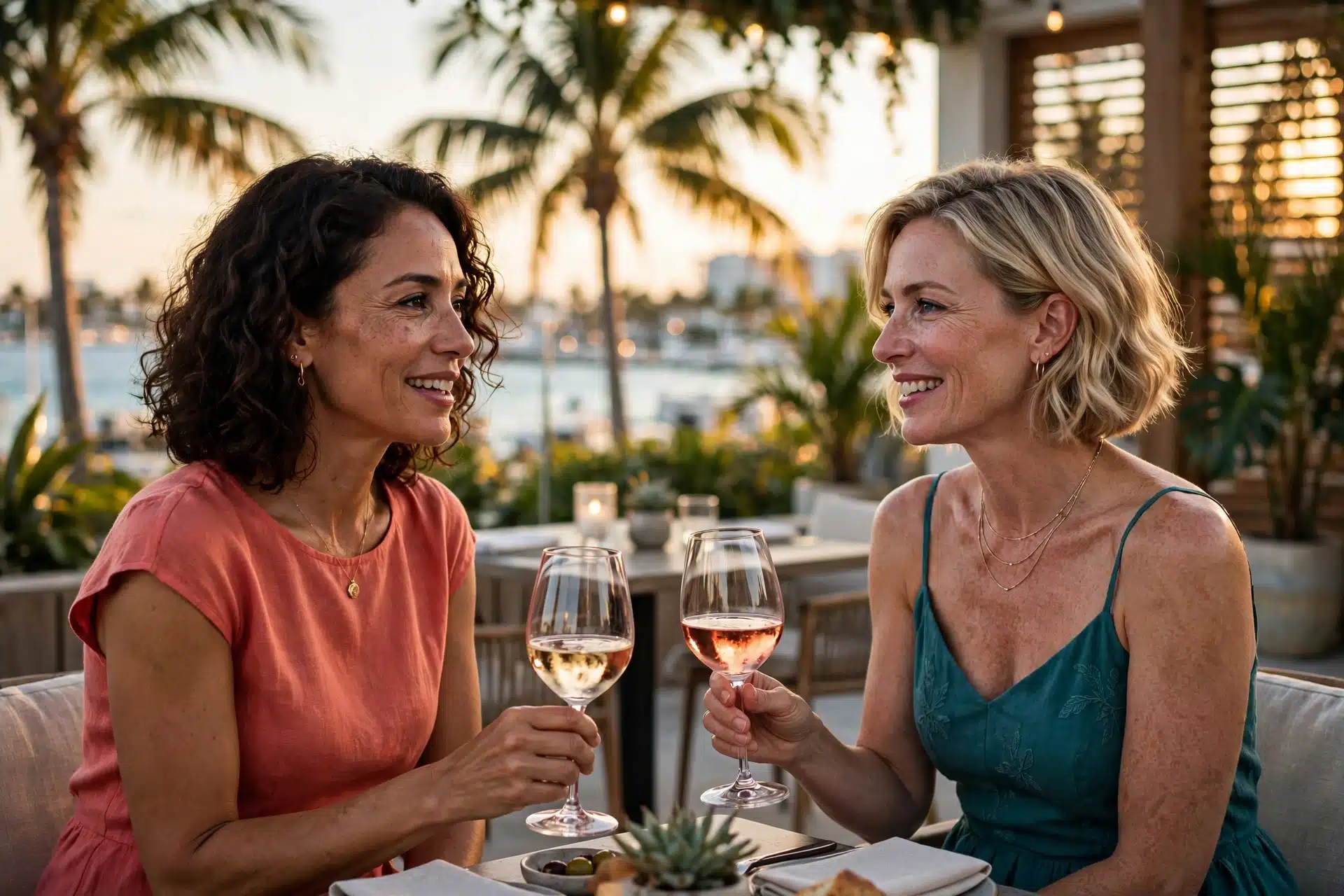 Lesbian couple sharing wine on a South Florida terrace at golden hour