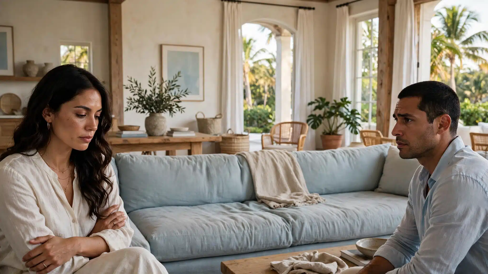 Latino couple sitting apart on a sofa in a Palm Beach living room, a quiet distance between them