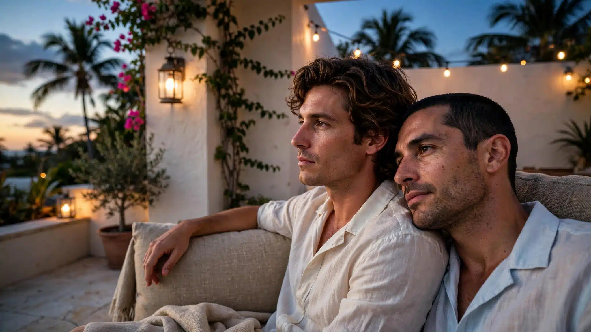 Gay couple sitting close together on a terrace at dusk in Palm Beach