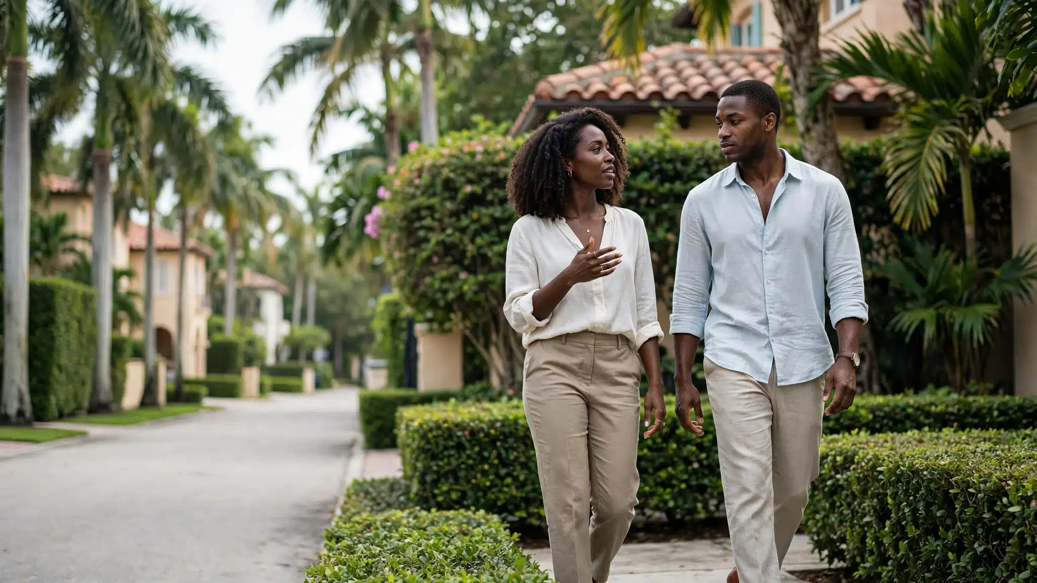 Black couple walking and talking on a palm-lined residential street in Palm Beach