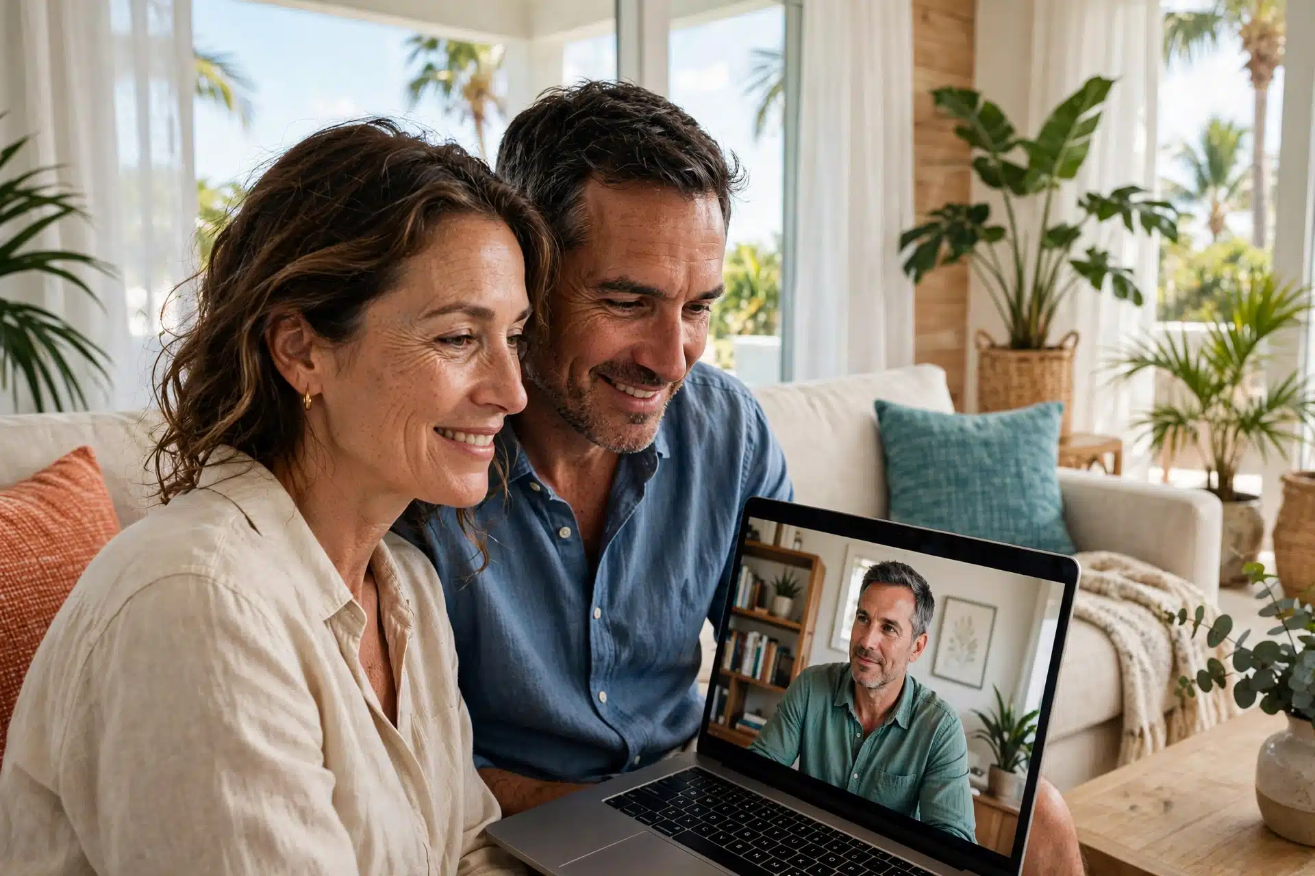 Attractive couple in a sunlit luxury Palm Beach living room on a video therapy session with their male therapist on a laptop