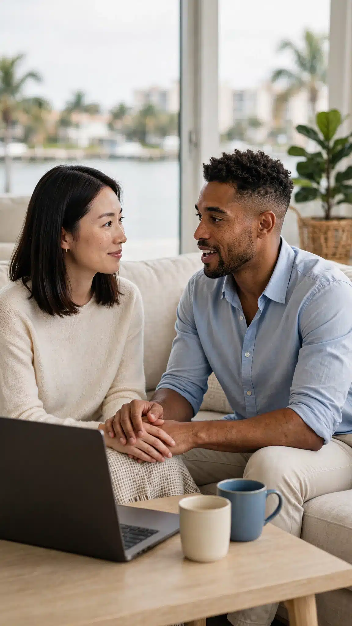 East Asian American woman and mixed-race man in their early thirties talking on a sofa in a bright West Palm Beach condo during an online couples therapy session